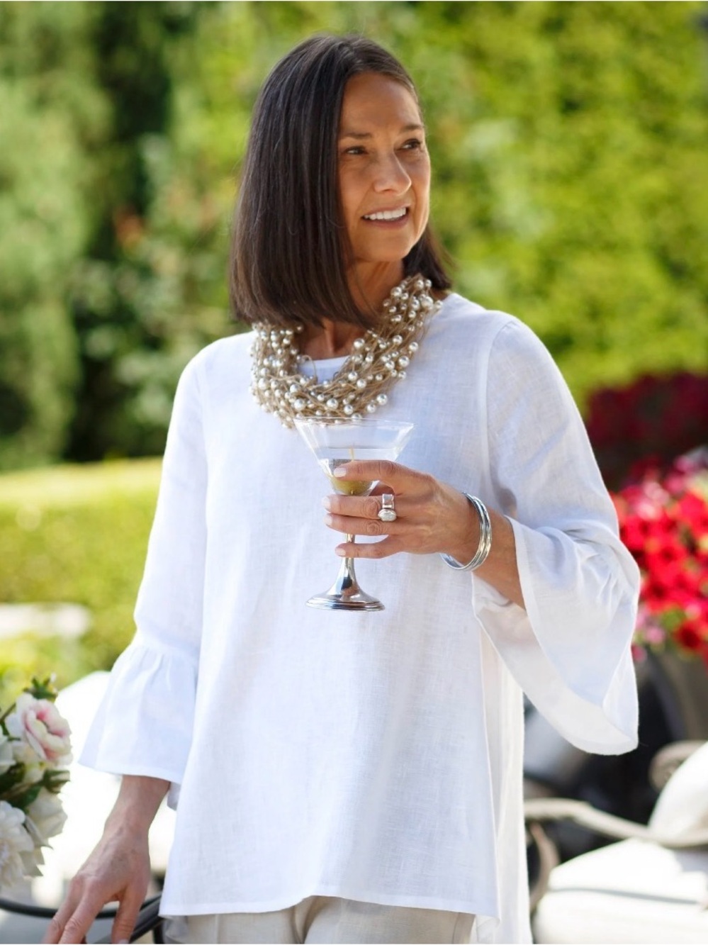 Crown Linen Designs Women’s White Linen Bella Tunic Top Bell Sleeves Size MEDIUM